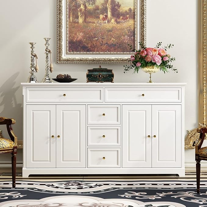 ECACAD Sideboard Buffet Cabinet with 4 Storage Compartments & 5 Drawers, Kitchen Console Table Storage Cabinet Coffee Bar for Living Room, Hallway, White