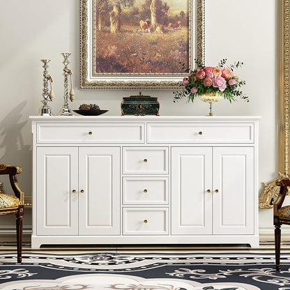 ECACAD Sideboard Buffet Cabinet with 4 Storage Compartments & 5 Drawers, Kitchen Console Table Storage Cabinet Coffee Bar for Living Room, Hallway, White