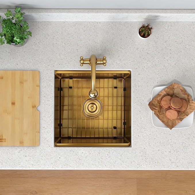 Gold Bar Sink Undermount,Small Bar & Prep Sinks,16 gauge Stainless Steel Bar Sink with Workstation for Wet Bar Area (18" X 18")