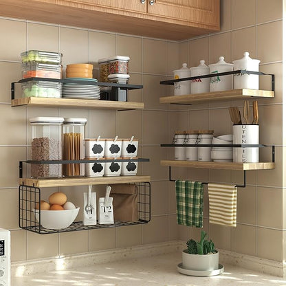Wood Floating Shelves Wall Mounted - 4+1 Tier Rustic Bathroom Wall Shelves Over Toilet with Wire Storage Basket and Towel Bar, Set of 4 Farmhouse Floating Shelf for Bathroom, Kitchen, Bedroom.