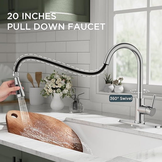 QFN Kitchen Faucet with Pull Down Sprayer Chrome, High Arc Single Handle Single Level Stainless Steel Pull Out Sink Faucet for Farmouse Camper RV Bar, Fit for 1 or 3 Hole
