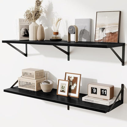 Acovy Floating Shelves for Wall,40" Wall Mounted Shelves Set of 2,Long Wood Floating Shelves,Hanging Wide Display & Storage Shelf with Metal Brackets for Bathroom,Bedroom,Kitchen,Living Room,Black