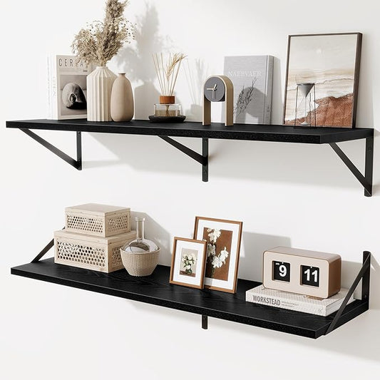 Acovy Floating Shelves for Wall,40" Wall Mounted Shelves Set of 2,Long Wood Floating Shelves,Hanging Wide Display & Storage Shelf with Metal Brackets for Bathroom,Bedroom,Kitchen,Living Room,Black