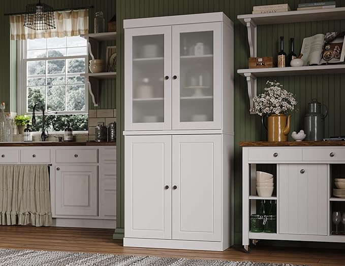Palace Imports 100% Solid Wood Kitchen Pantry w/Frosted Glass Doors & Bottom Wooden Storage Cabinet, White, 32" w x 71.5" h, Renewable Eco-Friendly Wood, Made in Brazil