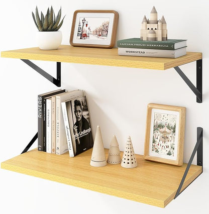 Acovy Deep Floating Shelves Wall Mounted, 24"x12" Oak Wall Shelves with Brackets Set of 2 for Bedroom, Living Room, Bathroom, Kitchen, Office - Storage & Display Shelf for Decor, Books, Plants