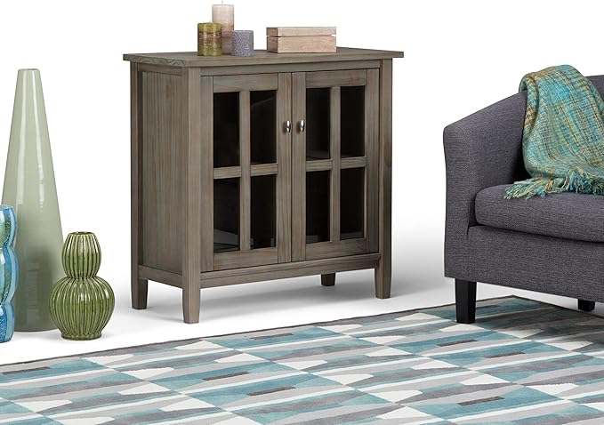 SIMPLIHOME Warm Shaker Storage Cabinet - 32 inch Wide Solid Wood 2-Shelf Low Storage Cabinet in Distressed Grey, Transitional Accent Cabinet for Entryway with Tempered Glass Doors and Shelves