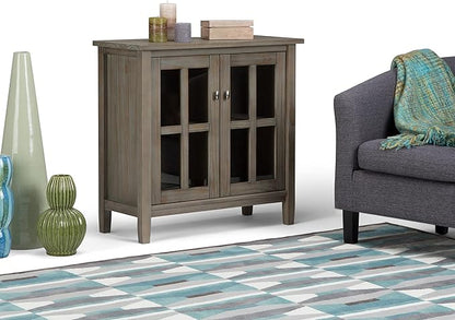 SIMPLIHOME Warm Shaker Storage Cabinet - 32 inch Wide Solid Wood 2-Shelf Low Storage Cabinet in Distressed Grey, Transitional Accent Cabinet for Entryway with Tempered Glass Doors and Shelves