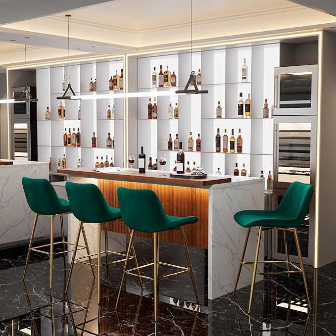 Modern Bar Table and Bar Stools Set, Marble-Look Counter Table with Wood Accent Top & Green Velvet Bar Chairs Set of 4 with Gold Legs, Kitchen Island Pub Table Set for Home Bar, Dining Room