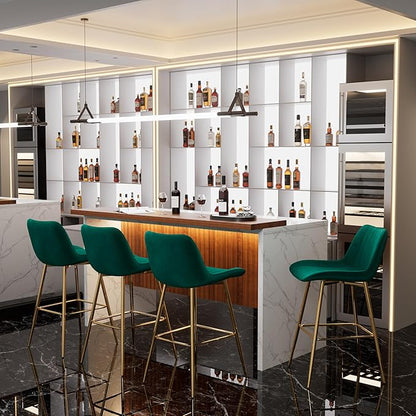 Modern Bar Table and Bar Stools Set, Marble-Look Counter Table with Wood Accent Top & Green Velvet Bar Chairs Set of 4 with Gold Legs, Kitchen Island Pub Table Set for Home Bar, Dining Room
