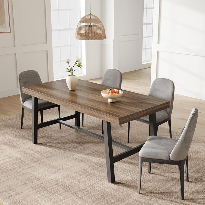 GarveeHome 63 Inch Small Space Dining Table for 4-6 People, Rectangular Kitchen Table for Apartment & Dining Room, Heavy Duty Metal Frame, Retro Brown
