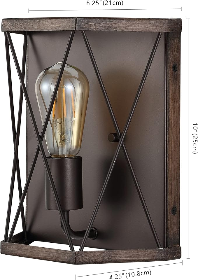 JONATHAN Y 8.25" Wood Finished/Oil Rubbed Bronze 1-Light Iron Sconce, Rustic Farmhouse X-Frame Wall Lantern for Entryway Hallway, Modern Industrial, LED Bulb Included JYL1309A