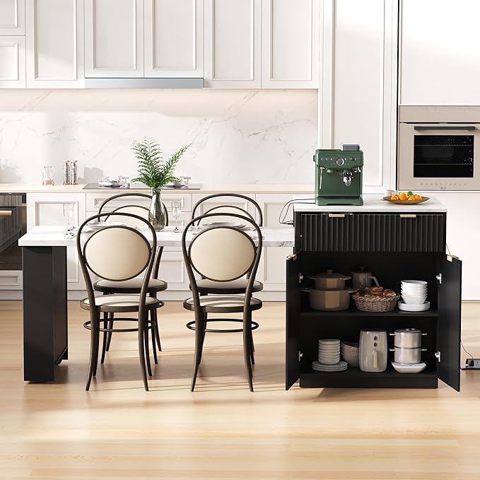 Modern Dining Table Expandable 82.6in Fluted Kitchen Island with, Power Outlet, Wood Console Table with Drawers for Living Room Dining Room Kitchen,Black-MDF