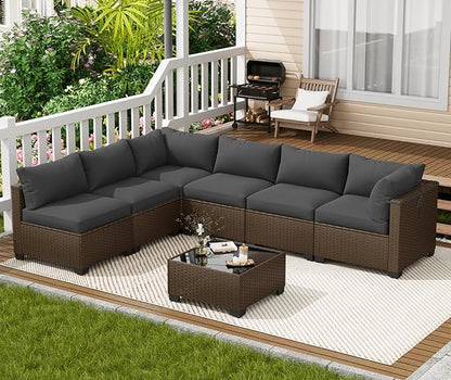 LOUVIXA 7 Piece Outdoor Patio Furniture Set, Outdoor Sectional Sofa, Wicker Rattan Patio Furniture, Patio Conversation Set with Coffee Table & Cushions
