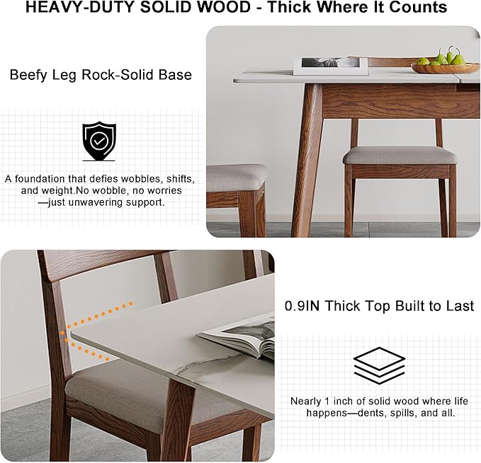 Solid Oak Extendable Dining Table with Stone Slab Tabletop for 4-6 People, Seamless Expansion, Diagonal Legs, Farmhouse Kitchen Table for Small Spaces (Walnut-Slate)