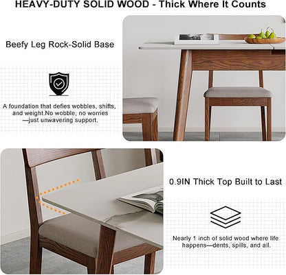 Solid Oak Extendable Dining Table with Stone Slab Tabletop for 4-6 People, Seamless Expansion, Diagonal Legs, Farmhouse Kitchen Table for Small Spaces (Walnut-Slate)