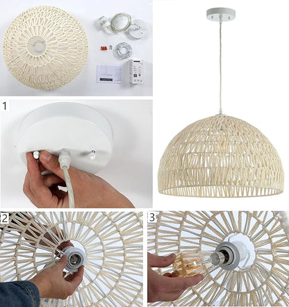 JONATHAN Y 10.25" White Modern Bohemian Woven Rope LED Pendant Light Fixture, Adjustable Dome Ceiling Lamp for Kitchen Island, Rope Shade, Coastal Farmhouse Decor (JYL6513A)