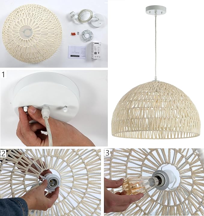 JONATHAN Y 10.25" Black Modern Bohemian Woven Rope LED Pendant Light Fixture, Adjustable Dome Ceiling Lamp for Kitchen Island, Rope Shade, Coastal Farmhouse Decor (JYL6513B)