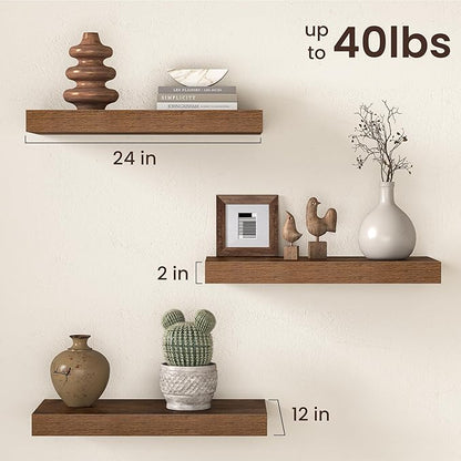 Fun Memories 12 Inch Deep Floating Shelf, 24 x 12 Rustic Wood Wall Shelf for Books, 2" Thick Deep Floating Shelf for Storage & Display in Kitchen, Living Room, Bedroom, Rustic Brown, 2 Packs