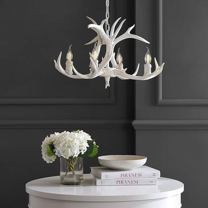 JONATHAN Y 26" White Rustic Resin Antler 4-Light LED Chandelier, Farmhouse Faux Deer Horn Hanging Ceiling Light for Dining Room, Kitchen Island, Adjustable Light Fixture (JYL6301B)