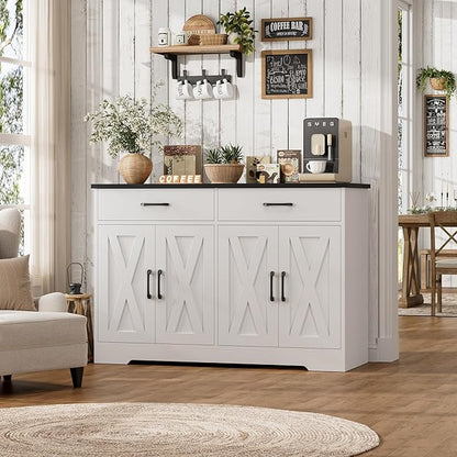 HOSTACK Buffet Cabinet with Storage, 47.2" Kitchen Sideboard Buffet with Drawers, Modern Farmhouse Coffee Bar Station with Shelves, Barn Doors Storage Cabinet for Living Room, White/Black