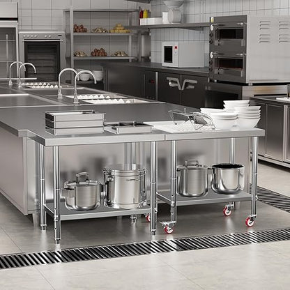 KUARBARR Stainless Steel Table for Prep & Work with 4 Caster Wheels with Backsplash 24 x 36 NSF Metal Commercial Kitchen Adjustable Under Shelf Worktable for Restaurant Home Outdoor