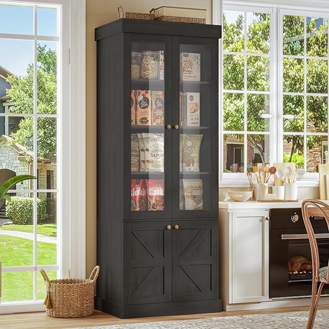 ivaniti 71" Tall Farmhouse Kitchen Pantry, Large Storage Cabinet with Glass Doors, Adjustable Shelves, 3 Drawer, Wood Versatile Hutch Cabinet for Dining Room, Living Room, Black 3 Pcs