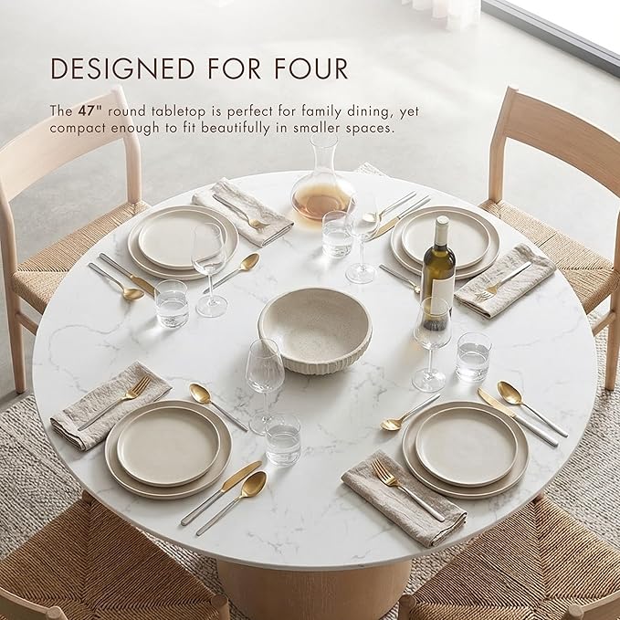 Furniture of America Sonya Modern Round Dining Table with Drum Base and Faux Marble Stone Top, Easy Assembly for Home, Kitchen and Living Room, Natural