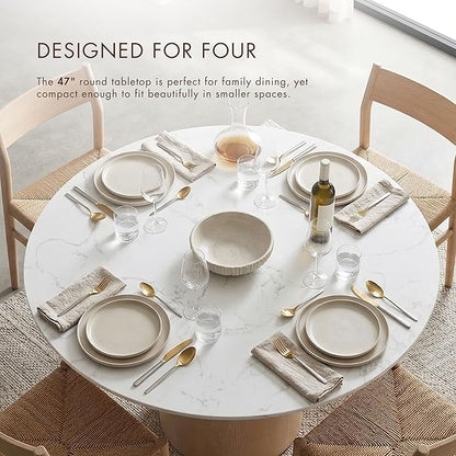 Furniture of America Sonya Modern Round Dining Table with Drum Base and Faux Marble Stone Top, Easy Assembly for Home, Kitchen and Living Room, Natural
