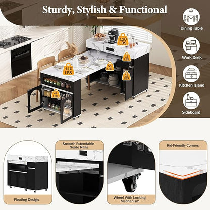 74" Extendable Dining Table with Extra-Long Folding Tabletop, Rolling Kitchen Island with Drawers, Power Outlet and Brake Lock, Zoned Layered Storage Cabinet for Kitchen and Dining Room