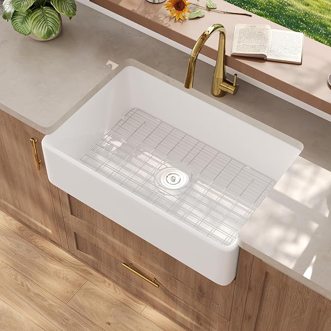 DeerValley Farmhouse Kitchen Sink 33 Inch, Fireclay White Undermount Kitchen Sink, Ceramic Apron-Front Deep Single Bowl with Stainless Steel Grid & Drain