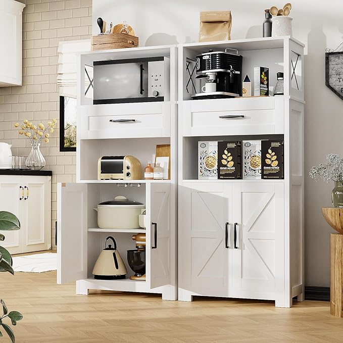 kepptory 55" Tall Kitchen Pantry, Farmhouse Storage Cabinet with Doors, Shelves and Drawer, Rustic Wood Cupboard for Kitchen, Dining Room (White)