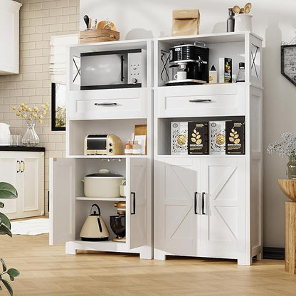 kepptory 55" Tall Kitchen Pantry, Farmhouse Storage Cabinet with Doors, Shelves and Drawer, Rustic Wood Cupboard for Kitchen, Dining Room (White)