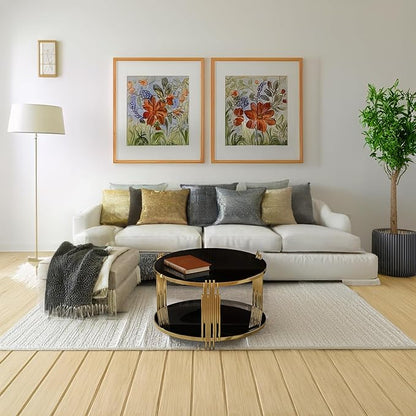 Modern Black Mirror Coffee Table, Asymmetrical Metal, Circular Metal Drum Base, Gold Finish & Lower Shelf