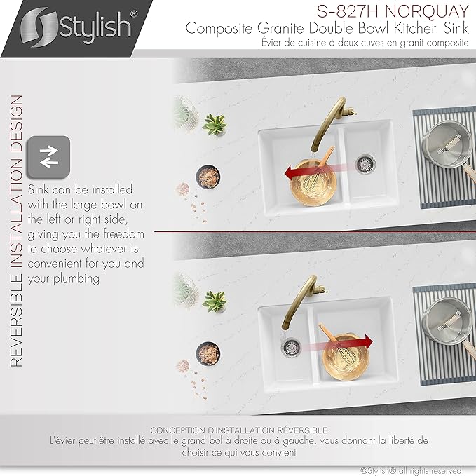 Stylish 27.25 x 18.75 Inch Drop In or Undermount Kitchen Sink Double Bowl Workstation 9.5 Inches Deep Granite Composite Kitchen Sinks with Regular Strainers White, S-827H