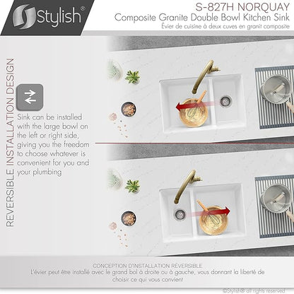 Stylish 27.25 x 18.75 Inch Drop In or Undermount Kitchen Sink Double Bowl Workstation 9.5 Inches Deep Granite Composite Kitchen Sinks with Regular Strainers White, S-827H