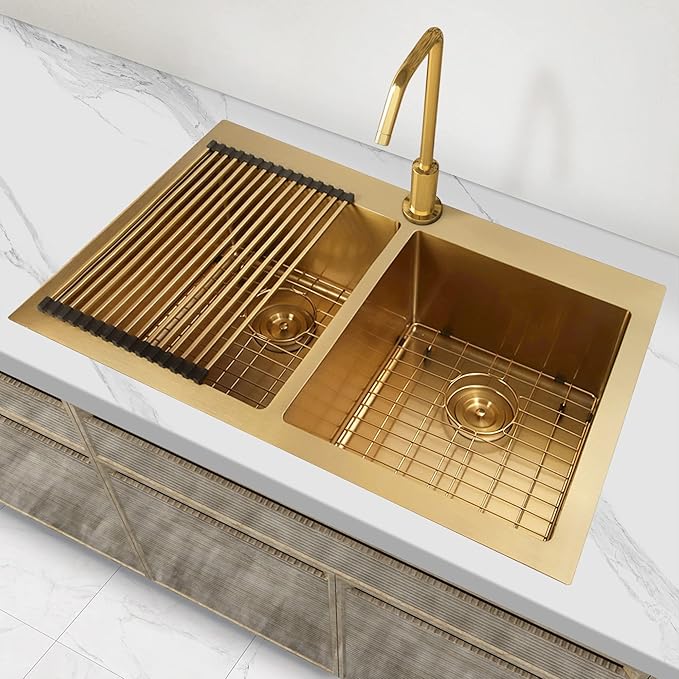 Gold Kitchen Sink,33 X 22 inch Drop in Kitchen Sinks Double Bowl,16 Gauge Stainless Steel 50/50 Double Sink,Top Mount/Drop In Double Kitchen Sink 33 inch