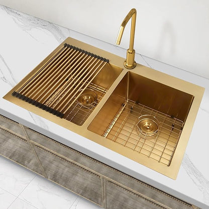 Gold Kitchen Sink,33 X 22 inch Drop in Kitchen Sinks Double Bowl,16 Gauge Stainless Steel 50/50 Double Sink,Top Mount/Drop In Double Kitchen Sink 33 inch