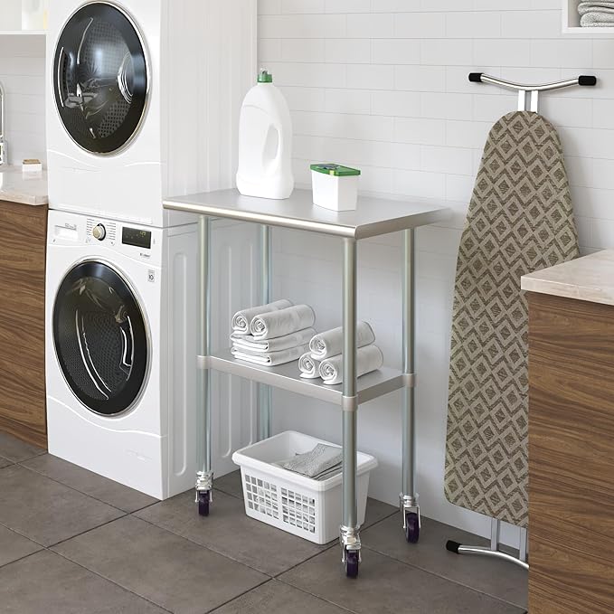 Stainless Steel Work Table with Wheels | NSF Kitchen Island Food Prep | Laundry Garage Utility Bench (Table + Wheels, 30" Long x 18" Deep)