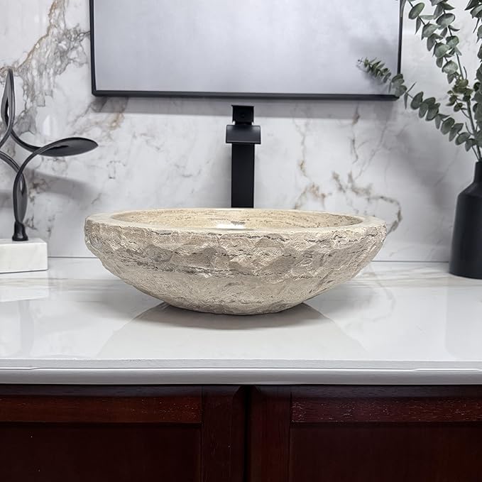 Shades of Nature Round Bowl Travertine Vessel Sink, Natural Stone Wash Basin, Hand-Carved Bathroom Sink, Chiseled Exterior, Polished Interior, Above Counter Vanity (Soap Tray Included)