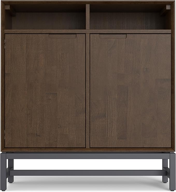 SIMPLIHOME Banting SOLID HARDWOOD 36 inch Wide Modern Industrial Entryway Storage Cabinet in Walnut Brown for the Living Room, Entryway and Family Room