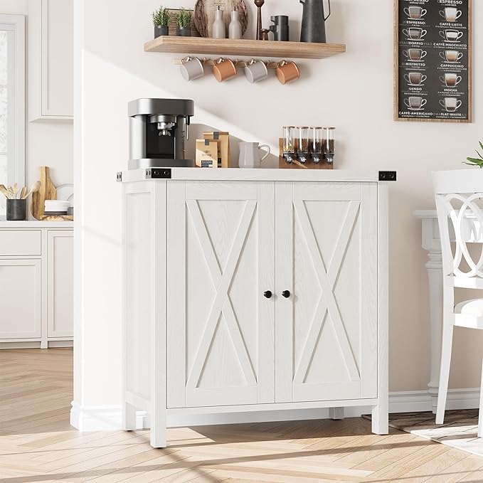 GarveeHome Small Storage Cabinet, Farmhouse Sideboard Buffet Cabinet with 2 Doors and Adjustable Shelves, Accent Entryway Console Cabinets for Living Room, Dining Room (White, 2 Pieces)