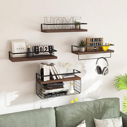 Wood Floating Shelves Wall Mounted - 4+1 Tier Rustic Bathroom Wall Shelves Over Toilet with Wire Storage Basket and Towel Bar, Set of 4 Farmhouse Floating Shelf for Bathroom, Kitchen, Bedroom.