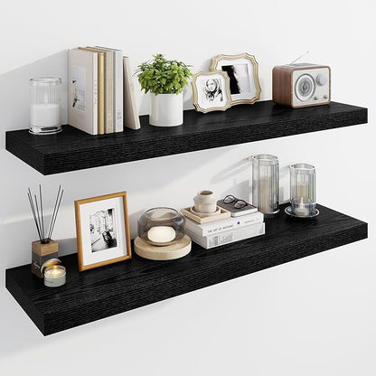 Marsmiles 40" Floating Shelves for Wall, Wooden Shelves with Invisible Brackets Set of 2, Rustic Farmhouse Wall Mounted Shelf for Kitchen Bathroom Living Room Study, Black