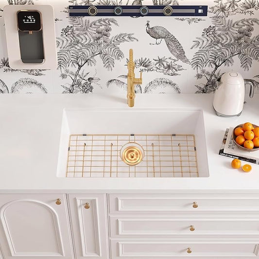 Rhbamoa White Kitchen Sink Granite Composite,31 inch White Undermount Sink,Deep Single Bowl Kitchen Sinks, 31''x18'' Large Quartz Sinks with Accessories