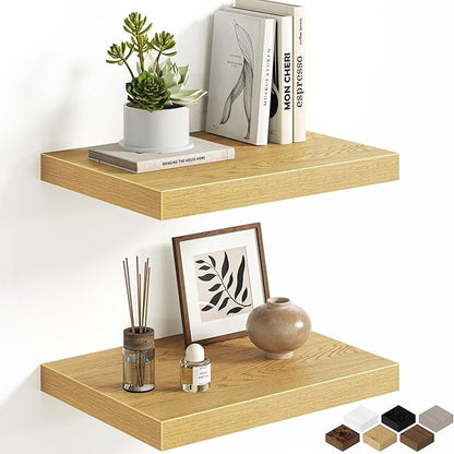 Floating Shelves for Wall, 16'' W x 12'' D Wall Mounted Rustic Wood Shelves for Bathroom, Bedroom, Living Room, Kitchen, Hanging Shelf for Storage/Room Decor with Heavy Duty Brackets, Oak, 2 Pack