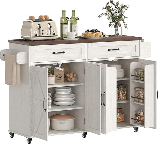 FiveWillowise Farmhouse Buffet Cabinet with 2 Drawers and Charging Station, Mobile Kitchen Island with Spice Rack and Towel Rack, Kitchen Island Cart, Home Bar Carts with Storage,White