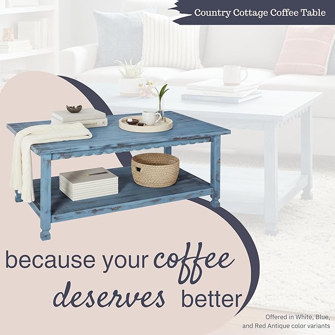 Rustic Rectangular Coffee Table, 42 in. W x 24 in. D x 18 in. H, Living Room Blue Antique, W/ (1) 36 in. W x 18 in. D x 10 in. H Shelf, Farmhouse/Cottage Style, Select Hardwood/Construction