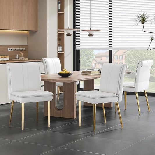 VECELO Upholstered PU Dining Chairs Set of 4, Kitchen Chairs with Padded Seat for Living Room, Dining Room, High Back and Steel Legs, Easy Assembly, White