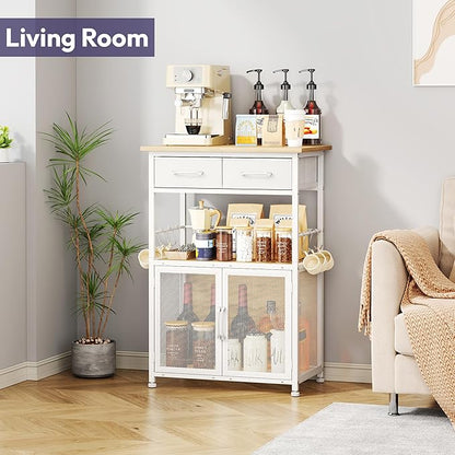 SWTYMIKI Coffee Bar Cabinet with Drawer - 20.47" Coffee Stand Station with Removable Hooks, Buffet Cabinet for Coffee Maker or Microwave, Kitchen Bar Table Storage Organizer, Natural