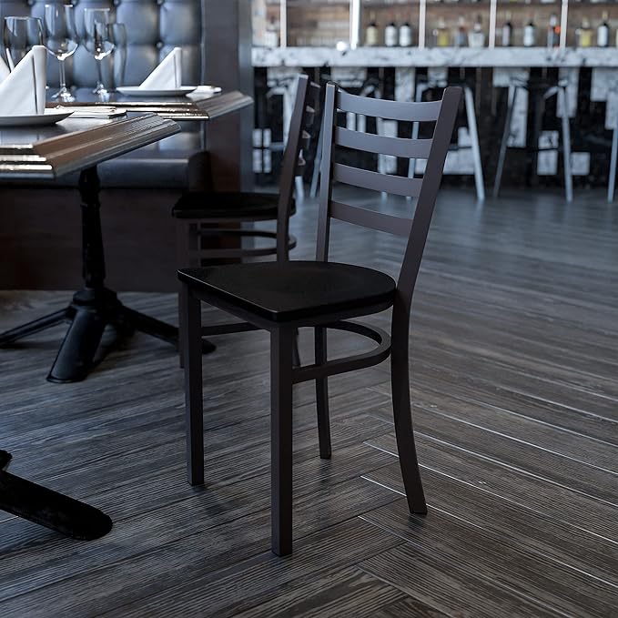 Flash Furniture HERCULES Series Black Ladder Back Metal Restaurant Chair - Mahogany Wood Seat